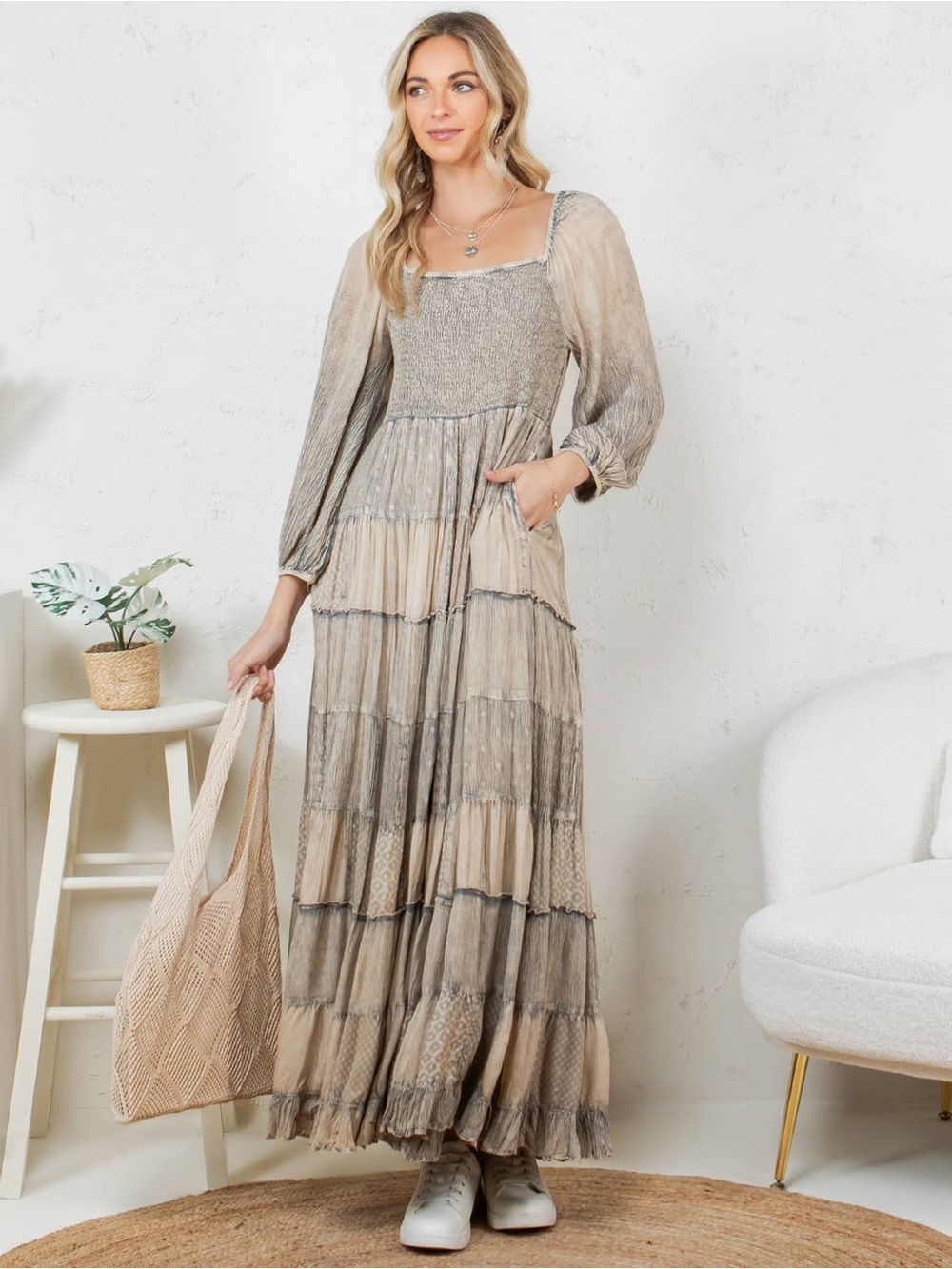 Young Threads Rustic Bohemian Smocked Patchwork Maxi Dress NWT S